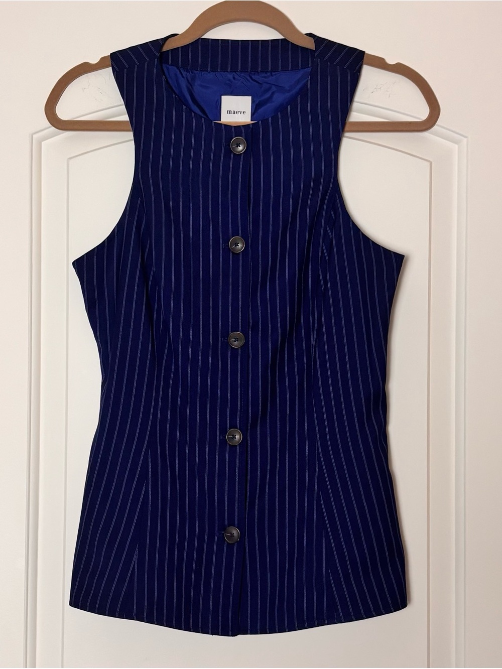 Maeve Anthropologie Navy Pinstripe Fall Vest XS